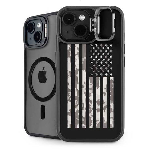 Black and White Camo American Flag iPhone 14 Kickstand Case